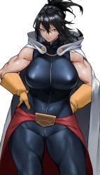 Rule 34 | 1girl, absurdres, black eyes, black hair, blue bodysuit, bodysuit, boku no hero academia, breasts, cape, closed mouth, gloves, hair between eyes, hands on own hips, highres, large breasts, looking at viewer, mole, mole under mouth, muscular, muscular female, shimura nana, short hair, simple background, sleeveless, sleeveless bodysuit, solo, white background, white cape, yellow gloves, yoshio (55level)