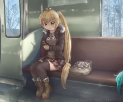 Rule 34 | 1girl, akita neru, bag, black thighhighs, blonde hair, boots, closed mouth, female focus, jacket, long hair, long sleeves, novcel, open clothes, open jacket, phone, side ponytail, sitting, skirt, solo, thighhighs, train interior, vocaloid, yellow eyes, zettai ryouiki