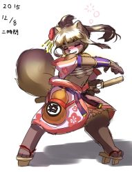 Rule 34 | 1girl, blush, breasts, brown hair, closed eyes, female focus, full body, furry, furry female, geta, japanese clothes, long hair, ni jikan, open mouth, ponytail, raccoon, sandals, sarashi, solo, sword, twintails, weapon, white background