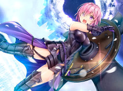 Rule 34 | 1girl, :o, arm guards, arm up, armor, armored boots, backlighting, bare shoulders, black footwear, black gloves, black leotard, blush, boots, breasts, cloud, dutch angle, elbow gloves, eyes visible through hair, fate/grand order, fate (series), field, glint, gloves, gluteal fold, grass, hair over one eye, holding, impossible clothes, koyuki (kotatsu358), leotard, looking at viewer, mash kyrielight, medium breasts, open mouth, outdoors, petals, pink hair, purple eyes, round teeth, sheath, sheathed, shield, shiny skin, short hair, sky, solo, standing, star (sky), starry sky, sword, teeth, thigh boots, thigh strap, thighhighs, v-shaped eyebrows, weapon
