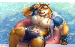 Rule 34 | 1boy, :p, abs, absurdres, animal ears, bara, bare pectorals, barrel (cool gunfighter) (live a hero), barrel (live a hero), beige fur, black male swimwear, body fur, brown fur, bulge, chizo (chizo67), dog boy, dog ears, dog tail, erection, erection under clothes, feet out of frame, furry, furry male, goggles, goggles on head, highres, innertube, jacket, large pectorals, live a hero, male focus, male swimwear, muscular, muscular male, navel, nipples, official alternate costume, open clothes, open jacket, orange fur, pectorals, penis, short hair, solo, spread legs, stomach, swim briefs, swim ring, swimsuit, tail, thick thighs, thighs, tongue, tongue out, uncensored, water, wet, wet clothes, wet swimsuit