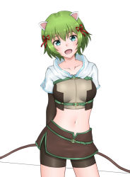 Rule 34 | 1girl, animal ears, aoi hito, arms behind back, blush, bow (weapon), breasts, brown gloves, brown shorts, brown skirt, cat ears, commentary request, contrapposto, cowboy shot, crop top, cropped jacket, elbow gloves, gloves, green eyes, green hair, hair between eyes, hair ribbon, holding, holding bow (weapon), holding weapon, hunter (ragnarok online), jacket, looking at viewer, medium breasts, midriff, miniskirt, navel, open mouth, ragnarok online, red ribbon, ribbon, short hair, short shorts, shorts, shorts under skirt, simple background, skirt, smile, solo, weapon, white background, white jacket