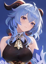 Rule 34 | 1girl, ahoge, bare shoulders, blue background, blue hair, bodystocking, breasts, commentary request, detached sleeves, ganyu (genshin impact), genshin impact, hair between eyes, highres, horns, large breasts, long hair, looking at viewer, parted lips, pupps, purple eyes, simple background, solo, upper body