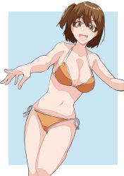 Rule 34 | 1girl, bikini, breasts, brown eyes, brown hair, cleavage, collarbone, cowboy shot, halterneck, highres, hiryuu (kancolle), itou ebiko, kantai collection, large breasts, looking at viewer, navel, one side up, orange bikini, short hair, side-tie bikini bottom, smile, solo, string bikini, swimsuit