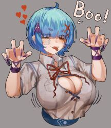 1girl absurdres ahoge blue_eyes blue_hair breasts cleavage cleavage_cutout clothing_cutout commentary ear_piercing english_commentary fingernails grey_background grey_shirt heart heterochromia highres large_breasts long_fingernails looking_at_viewer piercing purple_nails red_eyes shirt short_hair simple_background solo tatara_kogasa tomatolover16 tongue tongue_out touhou umbrella_hair_ornament upper_body