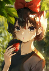 Rule 34 | 1girl, :o, absurdres, black eyes, black hair, black shirt, blush, bow, bow hairband, collarbone, day, fingernails, food, fruit, hair bow, hairband, highres, holding, holding food, holding fruit, kiki (majo no takkyuubin), looking at viewer, majo no takkyuubin, mrr 05, open mouth, outdoors, red bow, red hairband, shirt, short hair, solo, strawberry, sunlight, upper body, water drop