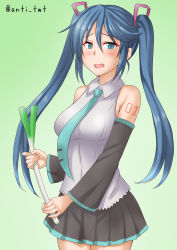 Rule 34 | 1girl, anti (untea9), bare shoulders, black skirt, blue eyes, blue hair, blue necktie, blush, commentary request, cosplay, cowboy shot, detached sleeves, embarrassed, gradient background, green background, hair ribbon, hatsune miku, hatsune miku (cosplay), highres, holding, isuzu (kancolle), kantai collection, long hair, looking at viewer, necktie, number tattoo, one-hour drawing challenge, open mouth, pink ribbon, pleated skirt, ribbon, shirt, skirt, solo, spring onion, sweat, tattoo, twintails, twitter username, vocaloid, white shirt