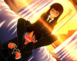 Rule 34 | 1boy, 1girl, bed, black hair, blunt bangs, blush, couple, feet, female protagonist (houkago play), grin, handheld game console, hetero, houkago play, male protagonist (houkago play), pantyhose, playing games, playstation portable, product placement, school uniform, sikou, smile