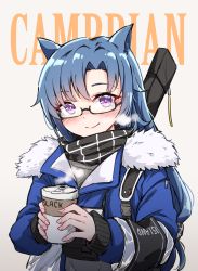 Rule 34 | 1girl, animal ears, arknights, blue hair, blue jacket, blush, closed mouth, coffee cup, commentary request, cup, disposable cup, fang (arknights), fang (cruciata) (arknights), glasses, grey background, highres, holding, holding cup, jacket, long hair, long sleeves, looking at viewer, official alternate costume, plaid, plaid scarf, profnote, purple eyes, scarf, semi-rimless eyewear, smile, solo, under-rim eyewear, upper body