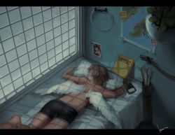 Rule 34 | 1boy, angel, angel wings, arrow (projectile), bed, bedroom, black male underwear, book, bow (weapon), boxer briefs, child, demon girl, feathered wings, hanging plant, highres, indoors, kaname (emanalc), letterboxed, lying, male underwear, map, on stomach, original, photo (object), pillow, plant, potted plant, quiver, rain, shadow, signature, sleeping, sticky note, topless male, underwear, weapon, window, wings
