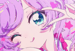 Rule 34 | 1girl, ;q, blue eyes, close-up, closed mouth, commentary request, hand up, heart, highres, ligne claire, looking at viewer, manaka laala, milon cas, one eye closed, pixel heart, pretty series, pripara, purple hair, retro artstyle, smile, solo, sparkle, tongue, tongue out, triangle, v over eye