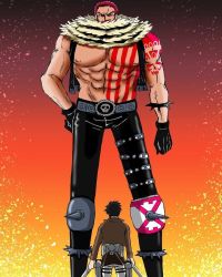 Rule 34 | 2boys, age difference, blood, charlotte katakuri, crossover, fangs, grabbing, highres, injury, monkey d. luffy, multiple boys, muscular, one piece, scar, serious, short hair, simple background, standing, tattoo, weapon