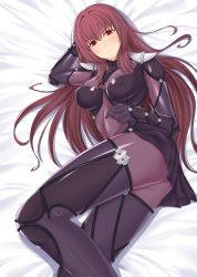 Rule 34 | 1girl, ass, blush, breasts, brown hair, closed mouth, fate/grand order, fate (series), highres, large breasts, long hair, looking at viewer, lying, on side, red eyes, scathach (fate), shukurimu, solo