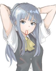 Rule 34 | 1girl, adjusting hair, alternate hairstyle, black vest, blue eyes, blue hair, blunt bangs, closed mouth, gloves, hair tie in mouth, hatsukaze (kancolle), highres, hira (hinakomochi), kantai collection, long hair, looking at viewer, mouth hold, one-hour drawing challenge, ponytail, shirt, simple background, solo, upper body, vest, white background, white gloves, white shirt, yellow neckwear