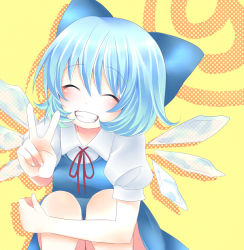 Rule 34 | 1girl, bad id, bad pixiv id, cirno, embodiment of scarlet devil, closed eyes, grin, ribbon, smile, solo, tepengu, touhou, v, wings