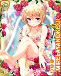 Rule 34 | 1girl, ayanokoji mirei, bare arms, bare legs, bare shoulders, barefoot, bathing, bathtub, blonde hair, card, character name, closed mouth, covered breasts, curly hair, day, flower, flower border, girlfriend (kari), hair bun, indoors, long hair, mansion, official art, ouju, pink flower, pink rose, purple eyes, qp:flapper, red flower, red rose, ringlets, rose, single hair bun, sitting, smile, solo, tagme, very long hair, water, yellow flower, yellow rose