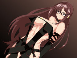 Rule 34 | 1girl, akuta hinako, armpits, arms at sides, bare shoulders, black-framed eyewear, black eyes, breasts, breasts apart, brown background, brown hair, center opening, choker, closed mouth, dress, ear piercing, fate/grand order, fate (series), female focus, glasses, gradient background, groin, large breasts, legs, long hair, looking at viewer, navel, piercing, pononozo, revealing clothes, ribbon-trimmed dress, simple background, solo, standing, thighs, yu mei-ren (fate)