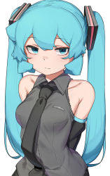 Rule 34 | 1girl, abmayo, alternate costume, arms behind back, bare shoulders, black necktie, breasts, collared shirt, cowboy shot, detached sleeves, frown, green eyes, green hair, grey background, grey shirt, hair ornament, hatsune miku, highres, long hair, medium breasts, necktie, shirt, simple background, sleeveless, sleeveless shirt, solo, vocaloid