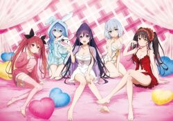 5girls ahoge animal_ears animal_hood bare_shoulders black_hair blue_eyes blue_hair breasts candy cleavage clock_eyes date_a_live dress eyepatch food grey_hair hair_between_eyes hair_ornament hair_ribbon hairband hairclip hand_puppet heart heart-shaped_pillow heterochromia himekawa_yoshino hood itsuka_kotori lollipop long_hair looking_at_viewer medium_breasts multiple_girls navel official_alternate_costume official_art on_bed open_mouth pillow puppet purple_eyes purple_hair rabbit_ears red_eyes red_hair ribbon short_hair small_breasts smile symbol-shaped_pupils third-party_source tobiichi_origami tokisaki_kurumi twintails white_dress yatogami_tohka yellow_eyes yoshinon