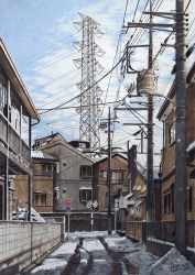 Rule 34 | 2014, alley, city, cloud, crossing, dated, day, hayashi ryouta, house, no humans, original, outdoors, power lines, real world location, road, ryota884, scenery, signature, sky, snow, street, traffic mirror, transmission tower, utility pole, wall
