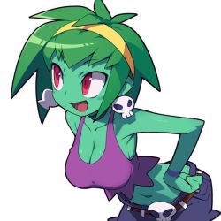 Rule 34 | 1girl, belt, bent over, breasts, brown belt, cleavage, colored skin, commentary request, earrings, green hair, green skin, hairband, hand on own hip, jewelry, medium breasts, metata, midriff, navel, open mouth, red eyes, rottytops, shantae (series), short hair, simple background, skull earrings, solo, white background, yellow hairband