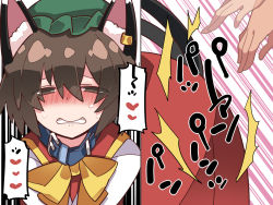Rule 34 | 1girl, 1other, animal ear fluff, animal ears, bdsm, blush, bow, bowtie, brown hair, cat ears, cat tail, chen, earrings, hammer (sunset beach), hat, heart, jewelry, masochism, mob cap, motion lines, multiple tails, nekomata, nose blush, open mouth, short hair, single earring, sound effects, spanking, spoken heart, tail, touhou, two tails, upper body, yellow neckwear