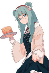 Rule 34 | 1girl, absurdres, animal ears, arknights, bear ears, bear girl, blue eyes, blue hair, blush, brown cardigan, cardigan, clothes lift, coldcat., dress, dress lift, flower, food, green dress, hair flower, hair ornament, highres, holding, holding plate, istina (arknights), istina (bibliosmia) (arknights), long hair, long sleeves, monocle, off shoulder, open cardigan, open clothes, pancake, pancake stack, plate, simple background, solo, white background, white flower
