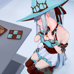 Rule 34 | 1girl, bad id, bad pixiv id, bed, blue eyes, blush, box, box of chocolates, chocolate, collar, fate/grand order, fate (series), food, gift, grey hair, hat, highres, looking at viewer, morgan le fay (fate), morgan le fay (valentine witches) (fate), nail polish, solo, spiked collar, spikes, table, torayotorayomonekonouchi, valentine, witch, witch hat