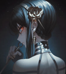 Rule 34 | 1girl, black hair, braid, closed mouth, earrings, from behind, gold earrings, gold hairband, hairband, hand up, highres, holding, holding weapon, jewelry, light particles, looking at viewer, looking back, red eyes, short hair with long locks, sidelocks, solo, spy x family, upper body, weapon, yor briar, yuka865