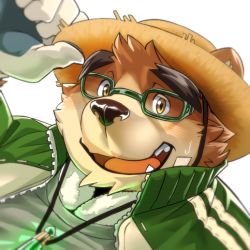 Rule 34 | 1boy, animal ears, animal nose, bandaid, bandaid on face, bear boy, bear ears, brown fur, close-up, commentary request, fang, fang out, furry, furry male, glasses, gloves, hat, holding, holding clothes, holding hat, jacket, jewelry, looking at viewer, male focus, necklace, okusu (oaks16), open mouth, smile, snout, solo, straw hat, sweatdrop, thick eyebrows, tokyo houkago summoners, towel, towel around neck, track jacket, volos (housamo), white background, yellow eyes