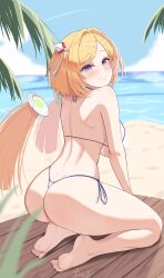Rule 34 | 1girl, absurdres, aki rosenthal, ass, back, bare shoulders, barefoot, bikini, blonde hair, blush, bob cut, breasts, detached hair, feet, from behind, hair ornament, harry (dudwofla), headgear, highres, hololive, large breasts, long hair, looking at viewer, looking back, low twintails, parted bangs, purple eyes, short hair, side-tie bikini bottom, smile, soles, solo, swimsuit, toes, twintails, virtual youtuber, white bikini