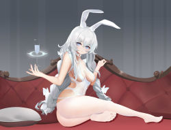Rule 34 | + +, 1girl, absurdres, animal ears, ass, azur lane, blue eyes, braid, breasts, bug, butterfly, closed mouth, couch, cup, drinking glass, expressionless, fake animal ears, from side, full body, glass, hair between eyes, hair ornament, hairclip, highres, insect, le malin (azur lane), le malin (listless lapin) (azur lane), legs, leotard, long hair, looking at viewer, medium breasts, multicolored eyes, nail polish, no shoes, official alternate costume, pantyhose, pillow, pink nails, playboy bunny, rabbit ears, side slit, silver hair, simple background, sitting, soles, solo, thighs, toes, twin braids, white pantyhose, wine glass, zhanggong