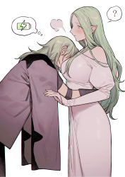 Rule 34 | 2girls, ?, alternate hair color, bare shoulders, battery indicator, blush, breast pillow, breasts, byleth (female) (fire emblem), byleth (fire emblem), commentary request, dress, enlightened byleth (female), face to breasts, fire emblem, fire emblem: three houses, from side, green eyes, green hair, grey jacket, highres, ikarin, jacket, large breasts, long hair, looking at another, multiple girls, nintendo, off-shoulder dress, off shoulder, parted lips, pointy ears, rhea (fire emblem), simple background, speech bubble, spoken question mark, thought bubble, very long hair, white background, white dress, yuri