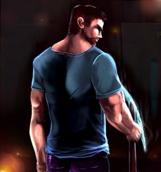 Rule 34 | 1boy, at2., beard, brown hair, diamond (gemstone), facial hair, from behind, male focus, manly, minecraft, minecraft pickaxe, muscular, night, pickaxe, realistic, shirt, solo, steve (minecraft), t-shirt
