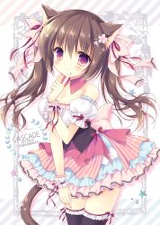 Rule 34 | 1girl, animal ears, artist name, bare shoulders, black thighhighs, blush, breasts, brown hair, cat ears, cat girl, cat tail, cleavage, closed mouth, collar, collarbone, commentary request, detached collar, diagonal stripes, finger to mouth, flower, frilled shirt, frilled skirt, frilled sleeves, frilled thighhighs, frills, hair between eyes, hair flower, hair ornament, hair ribbon, hairclip, hasekura chiaki, head tilt, long hair, looking at viewer, medium breasts, multicolored clothes, multicolored skirt, off-shoulder shirt, off shoulder, original, pink ribbon, puffy short sleeves, puffy sleeves, purple eyes, red collar, red ribbon, ribbon, shirt, short sleeves, skirt, smile, solo, standing, striped, tail, tareme, thighhighs, twintails, white shirt, wrist cuffs