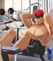 Rule 34 | 1boy, absurdres, arms behind head, bara, barbell, black shorts, bottle, day, exercising, facial hair, green eyes, gyee, gym, headband, highres, indoors, kyu-go, looking at viewer, male focus, musso (gyee), pectorals, pink hair, scar, scar on face, shorts, sweat, water bottle, weights, window