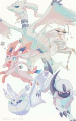 Rule 34 | absol, bad id, bad twitter id, bright pupils, claws, closed mouth, commentary, creatures (company), dated, frosmoth, game freak, gen 3 pokemon, gen 5 pokemon, gen 6 pokemon, gen 7 pokemon, gen 8 pokemon, highres, legendary pokemon, nintendo, no humans, open mouth, pheromosa, pokemon, pokemon (creature), red eyes, reshiram, simple background, smile, sparkle, star (symbol), sylveon, symbol-only commentary, torinoko (miiko draw), ultra beast, white background, white pupils