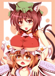 Rule 34 | &gt;:3, 2girls, :3, :p, age difference, aged down, aged up, alternate breast size, animal ears, arms up, bad id, bad pixiv id, bare shoulders, blonde hair, blood, blush, body blush, bow, bowtie, breast rest, breasts, breasts on head, brown eyes, brown hair, cat ears, cat girl, cat tail, chen, child, collarbone, covered erect nipples, earrings, female focus, fingernails, fox tail, frills, hat, impossible clothes, impossible shirt, jewelry, kisaragi zwei, large breasts, long fingernails, looking at viewer, looking up, motion lines, multiple girls, multiple tails, nail polish, no bra, nose blush, nosebleed, onee-loli, open mouth, role reversal, shiny skin, shirt, short hair, single earring, sleeveless, sleeveless shirt, tail, taut clothes, taut shirt, tongue, tongue out, touhou, underboob, upper body, v-neck, v-shaped eyebrows, wide sleeves, yakumo ran, yellow eyes, yuri