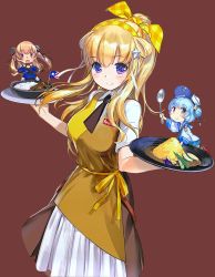 Rule 34 | 3girls, :t, alternate costume, alternate hairstyle, american flag, apron, aqua neckwear, aqua skirt, black gloves, black ribbon, black skirt, blonde hair, blue hair, blue sailor collar, blue shirt, blush stickers, breasts, brown background, brown eyes, brown hair, chibi, cleavage, curry, curry rice, dixie cup hat, double bun, flag, fletcher (kancolle), food, gloves, hair bun, hair ornament, hairband, hat, hat ribbon, high heels, highres, johnston (kancolle), kantai collection, large breasts, light brown hair, little blue whale (kancolle), long hair, long sleeves, military hat, miniskirt, multiple girls, navy cross, neckerchief, necktie, off shoulder, official alternate costume, official art, open mouth, plate, pleated skirt, ponytail, purple eyes, red footwear, ribbon, rice, rudder footwear, sailor collar, samuel b. roberts (kancolle), scan, scan artifacts, school uniform, serafuku, shirt, short hair, single glove, skirt, sleeve cuffs, smile, spoon, star (symbol), star hair ornament, thigh strap, third-party edit, third-party source, twintails, two side up, united states medal of honor, whale, white headwear, white shirt, yellow eyes, zeco