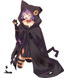 Rule 34 | 1girl, black cloak, cloak, closed eyes, collarbone, fang, fang out, full body, halloween, halloween costume, hood, hooded cloak, kantai collection, kneeling, long sleeves, off shoulder, official alternate costume, official art, purple hair, red eyes, short hair, solo, striped clothes, striped thighhighs, tama (kancolle), thighhighs, torn clothes, transparent background, ugume