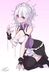 Rule 34 | 1girl, bare shoulders, black skirt, black thighhighs, breasts, cleavage, clothing request, collarbone, commentary request, dated, frills, garter straps, gradient background, hair between eyes, hand up, heterochromia, highres, jewelry, layered skirt, looking at viewer, maid, maid headdress, medium breasts, medium hair, original, purple eyes, ring, scarlet zel, signature, skindentation, skirt, smile, solo, thighhighs, white hair, wrist cuffs, yellow eyes