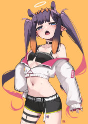 Rule 34 | 1girl, a:n (angrynum), belt, black choker, black shorts, blush, choker, collarbone, colored inner hair, cosplay, cropped jacket, flat chest, hair ornament, hairclip, halo, hand on own hip, highres, hololive, hololive english, jacket, leaning to the side, legwear garter, looking at viewer, multicolored hair, navel, ninomae ina&#039;nis, o-ring, o-ring choker, off shoulder, open mouth, pink hair, pointy ears, purple hair, short shorts, shorts, single thighhigh, sleeves past fingers, sleeves past wrists, solo, sticker, sweat, tentacle hair, thighhighs, tokoyami towa, tokoyami towa (1st costume), tokoyami towa (cosplay), twintails, v-shaped eyebrows, virtual youtuber, white belt, white jacket
