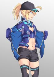 Rule 34 | 1girl, ahoge, alternate costume, artoria pendragon (fate), baseball cap, black shorts, black thighhighs, blonde hair, blue eyes, blue gloves, blue jacket, breasts, commentary request, cross (crossryou), fate/grand order, fate (series), fingerless gloves, gloves, grey background, hair through headwear, hat, highres, jacket, long hair, mysterious heroine x (fate), mysterious heroine x (third ascension) (fate), navel, ponytail, scarf, shorts, simple background, small breasts, solo, thighhighs
