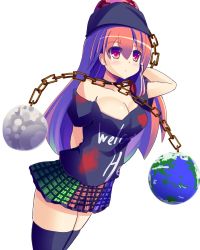 Rule 34 | 1girl, alternate hair length, alternate hairstyle, arm behind back, bare shoulders, black shirt, black thighhighs, blush, breasts, chain, cleavage, clothes writing, collar, cowboy shot, earth (ornament), hecatia lapislazuli, highres, large breasts, liya, long hair, miniskirt, moon (ornament), multicolored clothes, multicolored skirt, off-shoulder shirt, off shoulder, one-hour drawing challenge, plaid, plaid skirt, red eyes, red hair, shirt, skirt, solo, t-shirt, thighhighs, touhou, white background, zettai ryouiki