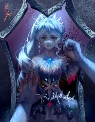 Rule 34 | 1girl, artist name, bare shoulders, blue dress, blue eyes, broken mirror, coconuthound, detached sleeves, dress, earrings, hair ornament, hand on mirror, highres, ice, jewelry, long hair, looking at mirror, mirror, ponytail, reflection, rwby, scar, scar across eye, solo, weiss schnee, white hair