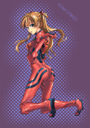 Rule 34 | arched back, blue background, blue eyes, brown hair, character name, english text, from side, full body, halftone, hand on own thigh, kneeling, kneepits, kno1, legs apart, looking back, neon genesis evangelion, plugsuit, skin tight, solo, souryuu asuka langley, twintails, two side up