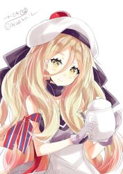 Rule 34 | 1girl, beret, blonde hair, closed mouth, gloves, grey gloves, hair between eyes, hat, highres, hizaka, kantai collection, long hair, looking at viewer, mole, mole under eye, pom pom (cheerleading), richelieu (kancolle), simple background, smile, solo, white background, yellow eyes
