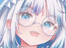 Rule 34 | 1girl, animal hood, blue eyes, blue hair, close-up, commentary, english commentary, gawr gura, glasses, hikeru (hikerumin), hololive, hololive english, hood, looking at viewer, multicolored hair, open mouth, portrait, round eyewear, shark hood, sharp teeth, silver hair, solo, streaked hair, teeth, virtual youtuber