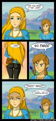 Rule 34 | 1boy, 1girl, angry, artist request, ass, blonde hair, blue eyes, brown hair, closed mouth, collarbone, comic, day, elf, english text, field, grass, green eyes, hetero, highres, huge ass, link, long hair, looking at another, looking down, mountain, mountainous horizon, neck, nervous, nintendo, outdoors, pervert, pointy ears, ponytail, princess zelda, scared, short hair, sky, smile, speech bubble, standing, standing on one leg, straight hair, talking, text focus, the legend of zelda, the legend of zelda: breath of the wild, thick eyebrows, upper body