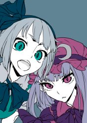 Rule 34 | 2girls, blue background, crescent, crescent hair ornament, flat color, green eyes, grey hair, hair ornament, hair ribbon, hat, konpaku youmu, limited palette, long hair, multiple girls, open mouth, patchouli knowledge, purple eyes, purple hair, ribbon, short hair, simple background, slit pupils, thupoppo, touhou, upper body